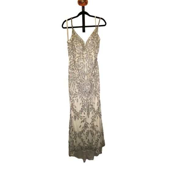 Mac Duggal Sequin V-Neck Floral Leaves Spaghetti Strap Scoop Back Detail Gown - Picture 1 of 9